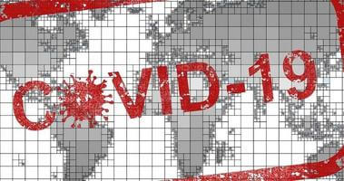 A global map with the graphic "COVID-19" stamped on it